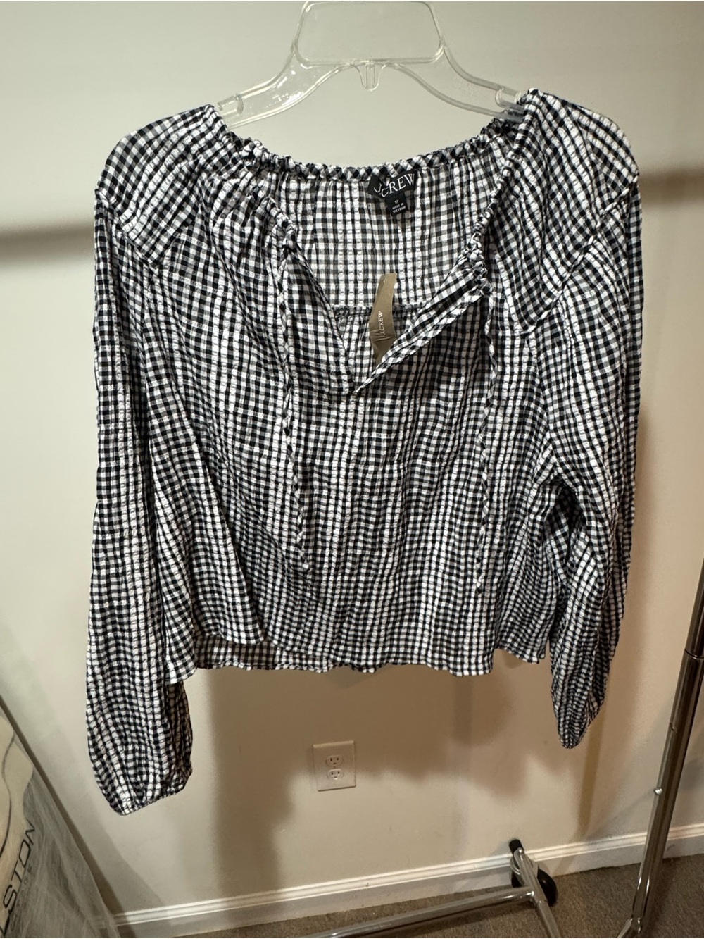 J. Crew Black & White Gingham Peasant Top
